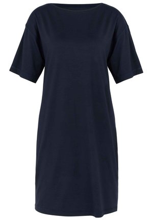 Navy blue t-shirt dress made of soft cotton, featuring a relaxed fit, short sleeves, round neckline, and smooth texture with minimal stitching.
