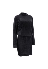 Vestido de terciopelo negro con mangas largas, cuello alto y cintura elástica. Presenta una textura acanalada vertical y un ajuste ligeramente holgado.