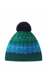 Grüner Strickmütze mit einem marineblauen Pompon oben, verziert mit blauen und beigen geometrischen Mustern. Geripptes Texturobten.
