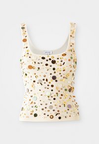 Ribade elastne kreemikaelusega tank top, millel on mitmevärvilised sädelused, sealhulgas kuldset, rohelist ja pruuni aktsenti, kitsaste rihmadega.