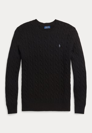 Czarny sweter z warkoczowym splotem, z okrągłym dekoltem, długimi rękawami i małym haftowanym logo na piersi od Polo Ralph Lauren.