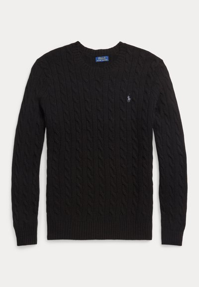 Maglione nero in maglia a trecce con collo tondo, maniche lunghe e piccolo logo ricamato sul petto di Polo Ralph Lauren.