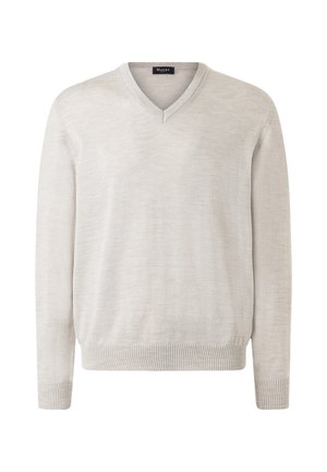 Hellbeiger V-Ausschnitt Langarmpullover mit gerippten Bündchen und Saum aus weichem Strickstoff, Markenetikett innen im Kragen lautet "Maerz".