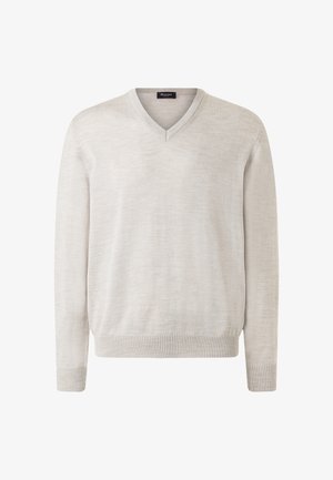 Hellbeiger V-Ausschnitt Langarmpullover mit gerippten Bündchen und Saum aus weichem Strickstoff, Markenetikett innen im Kragen lautet "Maerz".