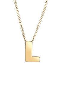 Halskette in Goldton mit einem großen, polierten Anhänger in Form des Buchstabens "L" an einer einfachen, verknüpften Kette mit runden Gliedern.