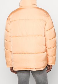 Puffer jacket in light peach color, featuring quilted sections, high collar, and smooth, glossy fabric texture.