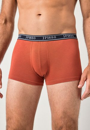 Boxer da uomo di colore ruggine, realizzati in tessuto morbido. Presentano una fascia elastica nera con il logo "JP1880". Design aderente con una texture liscia.