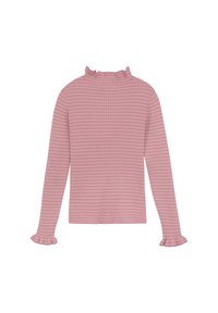 Rosa långärmad topp gjord av texturerad ribbad tyg. Har en rufsig hög hals och rufflade ärmslut. Rak nederkant, avslappnad passform.