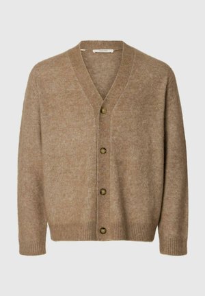 Cardigan beige in morbido wool, con scollo a V, maniche lunghe, cinque bottoni marroni sul davanti e polsini e orlo a coste.