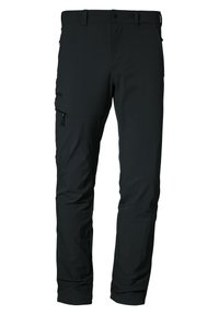 Black outdoor pants made of lightweight material, featuring side zip pockets, an adjustable waistband, and a tapered leg design.
