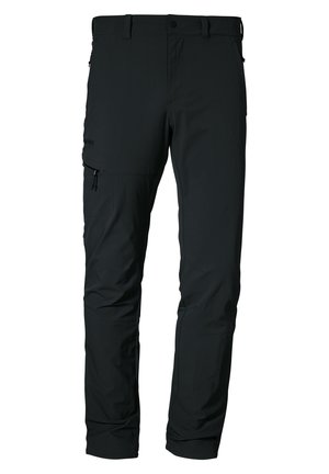 Pantalones exteriores negros, fabricados con material ligero, que cuentan con bolsillos laterales con cremallera, cintura ajustable y un diseño de pierna ajustada.
