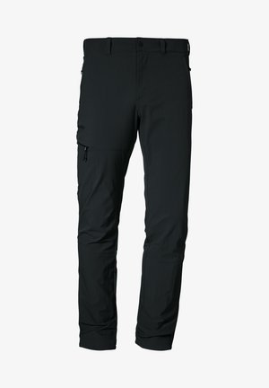 Black outdoor pants made of lightweight material, featuring side zip pockets, an adjustable waistband, and a tapered leg design.
