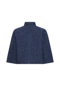 Veste bleu marine tachetée avec manches longues et col, vue de dos sur fond blanc.