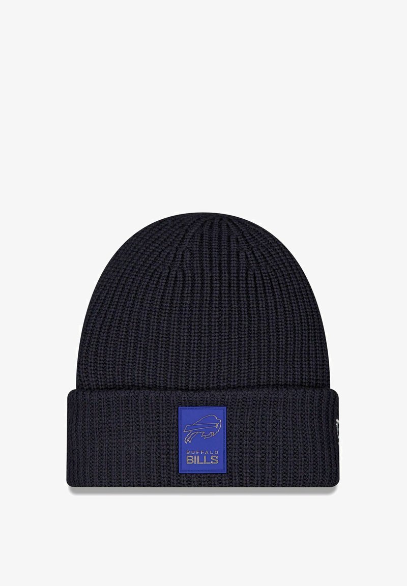 Navy knitted beanie with a ribbed texture, folded cuff, and a rectangular blue patch featuring the Buffalo Bills logo and text.