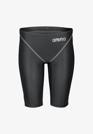 Schwarzer knielanger Bade-Jammer mit grauen Nähten und "arena"-Logo am oberen rechten vorderen Bund.