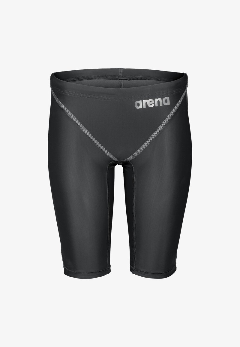 Schwarzer knielanger Bade-Jammer mit grauen Nähten und "arena"-Logo am oberen rechten vorderen Bund.