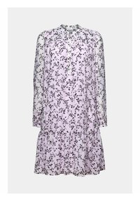 Vestido de manga larga hecho de una tela morada clara y transparente con patrones florales negros, que presenta una tapeta de botones y un dobladillo con volantes.