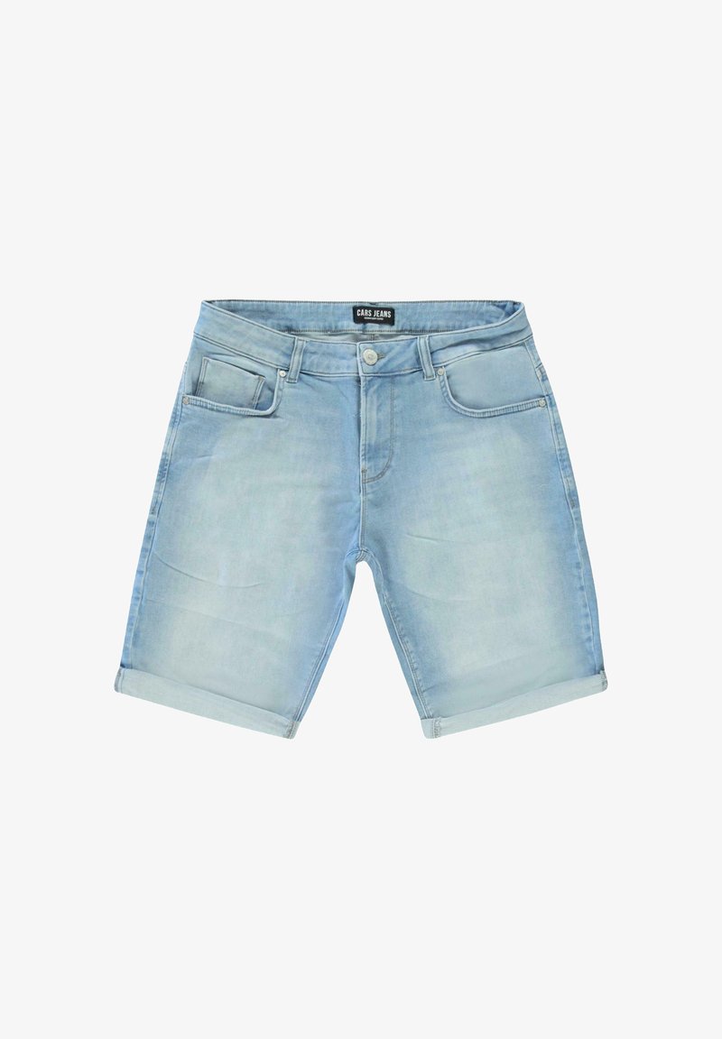 Lichtblauwe denim shorts met een rechte snit, voorzien van opgerolde zomen, vier zakken en een knoopsluiting. Etiket zichtbaar aan de binnenzijde van de tailleband.