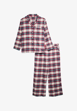 Kariertes Baumwoll-Schlafanzug-Set mit langarmiger Knopfleiste und passenden Hosen. Die Farben umfassen Rot, Grün und Creme im karierter Muster.