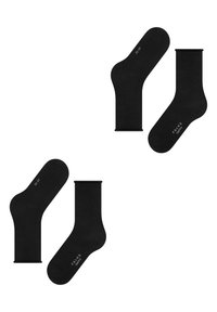 Black cotton socks feature a smooth texture, varying lengths, and printed branding on both styles.