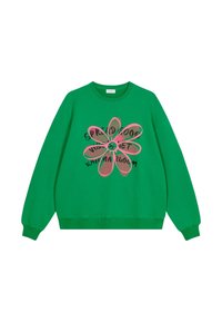 Žalias per didelis megztinis su centriniu gėlių grafiniu motyvu rožinės ir juodos spalvos su tekstu, pagamintas iš minkštos medžiagos ir su įribotais rankogaliais.