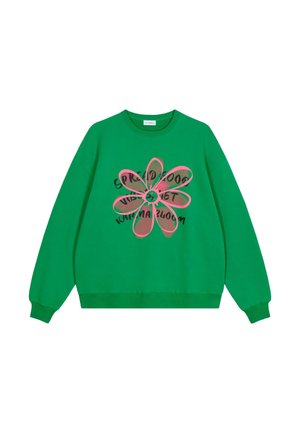 Grøn oversized sweatshirt med et centralt blomstermotiv i pink og sort samt tekst, lavet af blødt materiale og med ribbede manchetter.