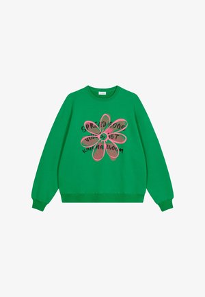 Grüner, übergroßer Sweatshirt mit einem zentralen Blumenmotiv in Pink und Schwarz sowie Text, aus weichem Material und mit gerippten Bündchen.