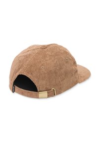 Braune Cordhut mit einer flachen Krempe und einer verstellbaren Messing schnalle. Verfügt über strukturierte Rillen und ein schwarzes Innenfutter.