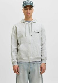 Hellgrau Zip-Hoodie mit Kordelzugkapuze, Fronttaschen und schwarzem gesticktem Text. Über einem gestreiften Hemd getragen und mit hellblauen Jeans kombiniert.