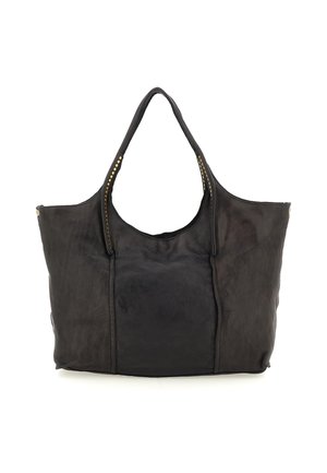 Borsa tote nera in pelle con forma strutturata, dotata di manico comodo e borchie decorative color oro lungo il bordo superiore.