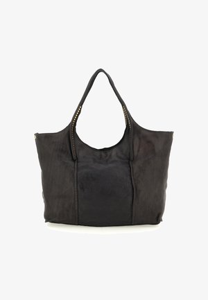 Borsa tote nera in pelle con forma strutturata, dotata di manico comodo e borchie decorative color oro lungo il bordo superiore.