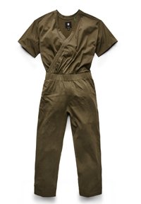 Olivgrön jumpsuit med korta ärmar, v-ringning, omslag design, elastisk midja och smalnande ben, gjord av mjukt tyg.