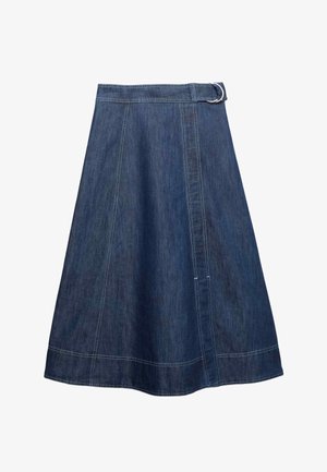 Mørkeblå denim A-formet nederdel med hvide syninger, et omslagsdesign og en sølvfarvet dobbelt-ring bæltespænde i taljen.