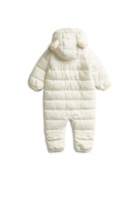 Puffy cream-colored snowsuit with a hood, featuring a quilted design, elastic cuffs, and fluffy ear accents. Suitable for cold weather.