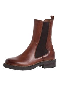 Braune Leder-Ankle-Boots mit elastischen Seitenpaneelen, strukturiertem Finish und einer robusten Gummisohle. Mit einer Zuglasche für einfaches An- und Ausziehen.