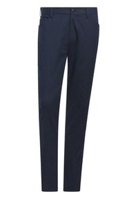 Navyblauwe broeken van een gladde stof, met een slim fit, twee voorkruiken en een knoopsluiting met een ritssluiting.