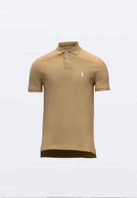 Bež polo majica iz gladkega blaga s kratkimi rokavi, troknapnim razporkom in belim logotipom vezenim na levi strani prsnega koša.