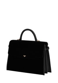 Black handbag with a structured design, made from velvet material. Features a top handle, gold hardware, and a fold-over flap.