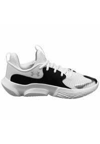 Le scarpe da ginnastica bianche e nere presentano una tomaia in rete, un colletto imbottito, dettagli testurizzati e una suola decorata con una finitura liscia.
