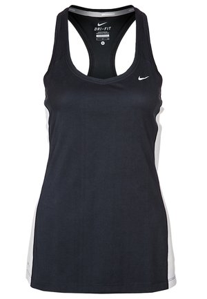 Schwarzes und weißes Nike Dri-Fit ärmelloses Lauf-Top für Damen mit Racerback und kleinem weißem Nike-Logo auf der Vorderseite.
