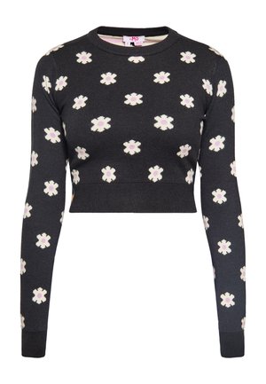Maglione nero corto con maniche lunghe e motivo floreale in crema e rosa chiaro, realizzato in materiale a maglia.