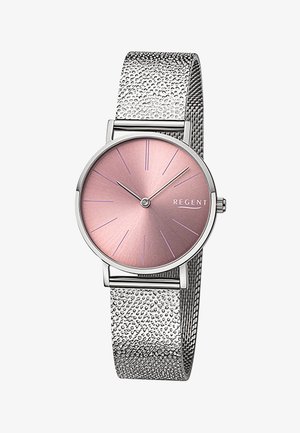 Montre avec un bracelet en maille argentée et un cadran rond en métal rose, présentant des repères horaires minimalistes et le nom de la marque « REGENT » au centre.