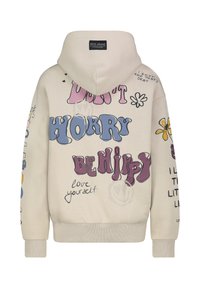 Crèmekleurige hoodiesweater met kleurrijke afbeeldingen, waaronder meerkleurige teksten en bloemmotieven. Zachte stof met geribbelde manchetten.