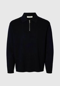 Maglione polo a maniche lunghe blu navy con colletto zip, realizzato in materiale morbido, con una vestibilità comoda e un design minimalista.