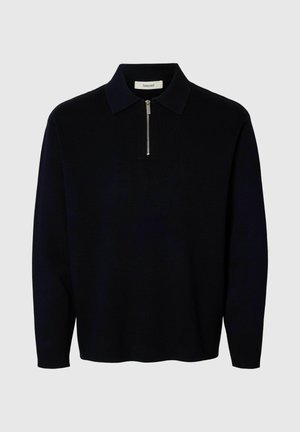 Mörkblå långärmad polo-tröja med dragkedja i kragen, tillverkad av mjukt material, med avslappnad passform och minimalistisk design.