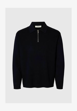 Marineblå langermet polo genser med glidelåskrage, laget av myk stoff, med en avslappet passform og minimalistisk design.