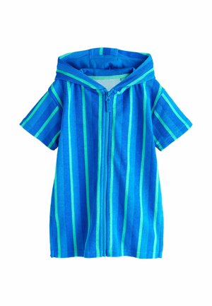 Niebieski kaptur z krótkim rękawem, ręcznikowy szlafrok z pionowymi jasnoniebieskimi i zielonymi paskami oraz frontowym zamkiem błyskawicznym.