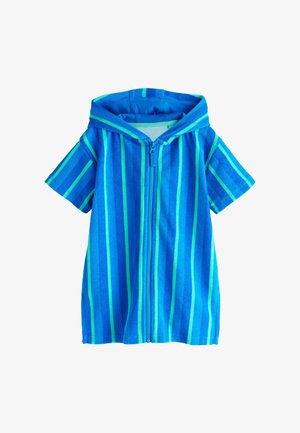 Niebieski kaptur z krótkim rękawem, ręcznikowy szlafrok z pionowymi jasnoniebieskimi i zielonymi paskami oraz frontowym zamkiem błyskawicznym.