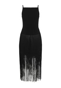Robe noire sans manches avec corsage ajusté et jupe longue à franges s'étendant sous le genou, sur fond blanc.