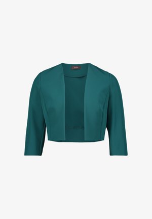 Teal cropped jacket, soft fabric, open front, three-quarter sleeves, smooth texture, and a simple design without additional embellishments.